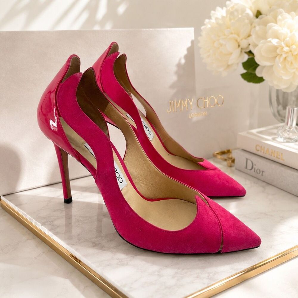 Jimmy Choo Saga 100 Pink Suede Patent Pointed Toe Pumps EU 37 US 7 - Picture 16 of 16